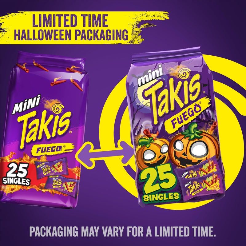 Taki's Takis Fuego Mini 25 pc / 1.23 oz Bite Size Multipack, Hot Chili Pepper & Lime Flavored Extreme Spicy Rolled Tortilla Chips - Image 3